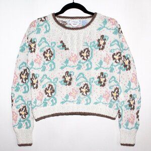 Vintage 80s J. Christopher Cropped Floral Hand Knit Sweater